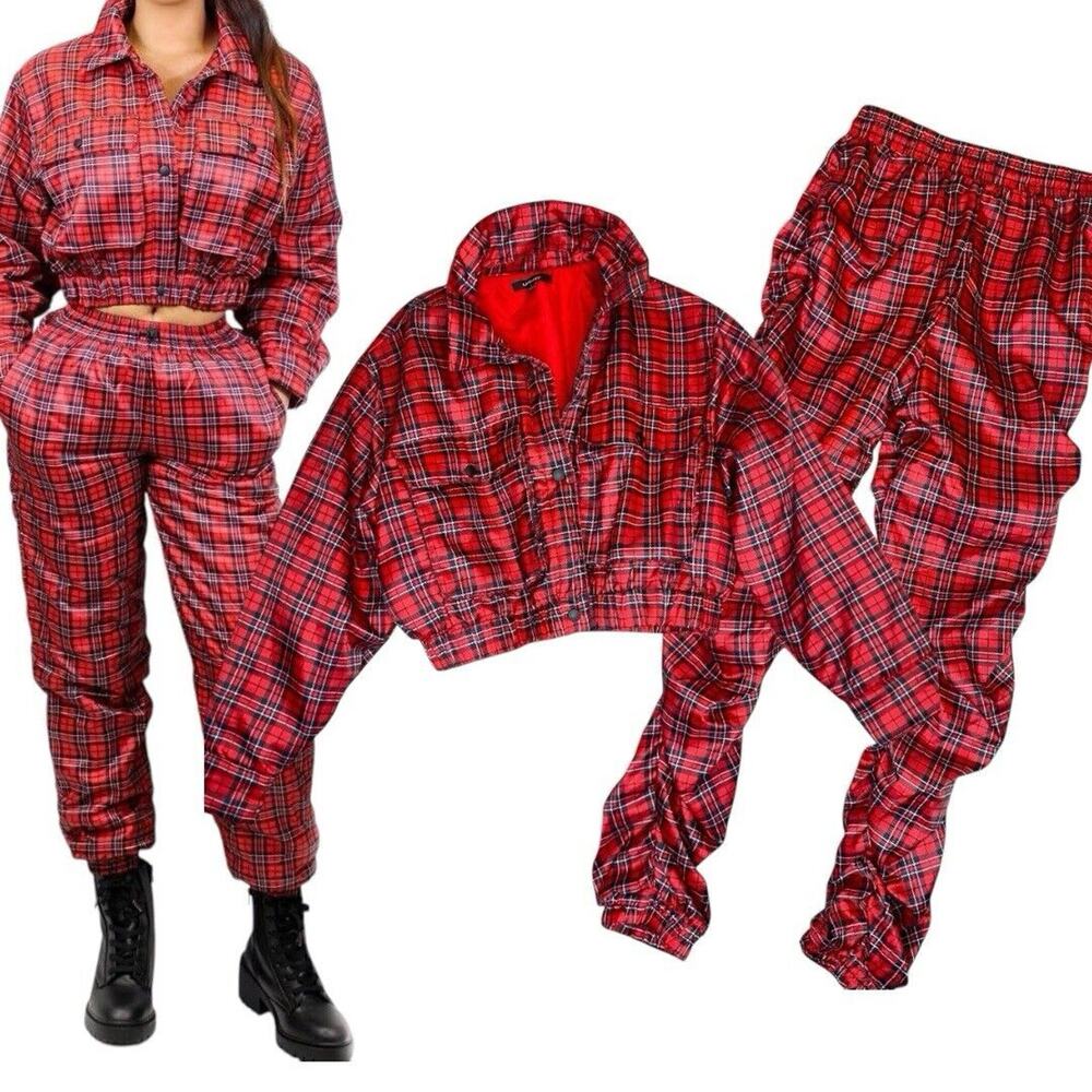 Labijou Tartan Plaid Jogger Set Womens S Red Ruched Streetwear Hip Hop‎ Clubwear
